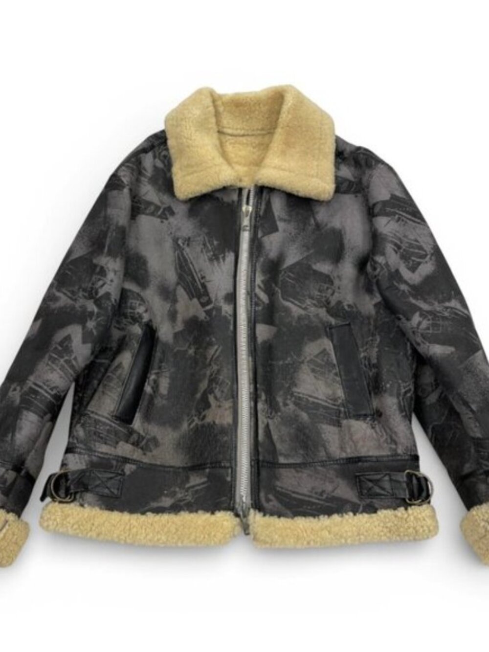 VTG WWII Fighter Bomber Plane Print Aviator Bomber Shearling Sheepskin Jacket L